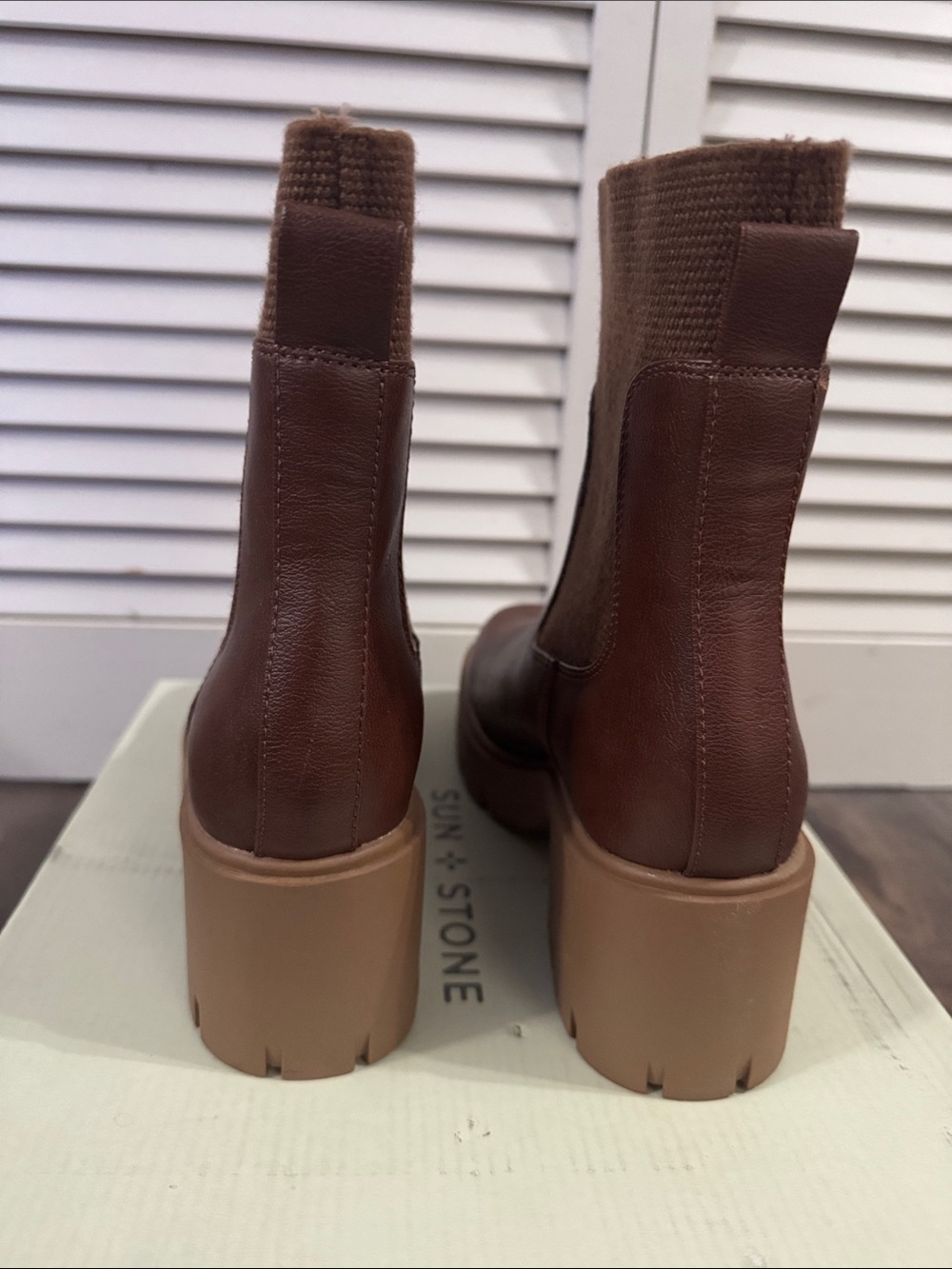 Sun + Stone Chestnut Brown Platform Chelsea Booties - Picture 2 of 4